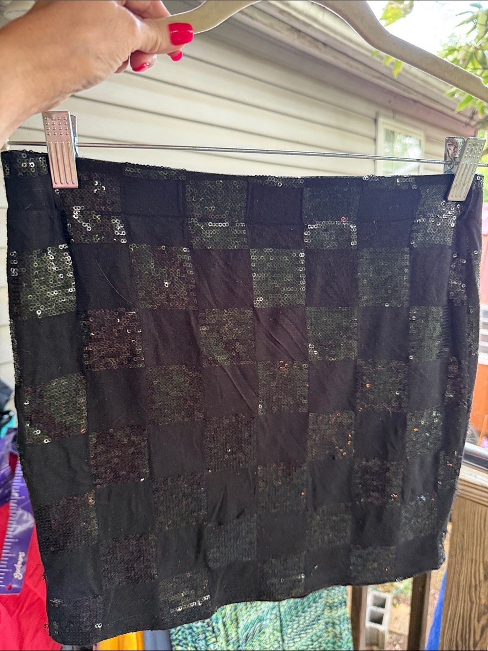 Sally Miller XL Black Sequin Cotton & Sequin Check Mini Skirt 15” waist, 14” L